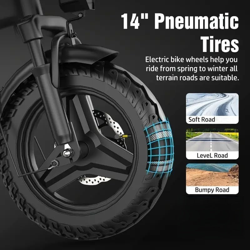 Compact Folding Ebike 14 Inch 500W Motor 48V 10Ah Battery 35 Mile Range Front Suspension Rear Basket