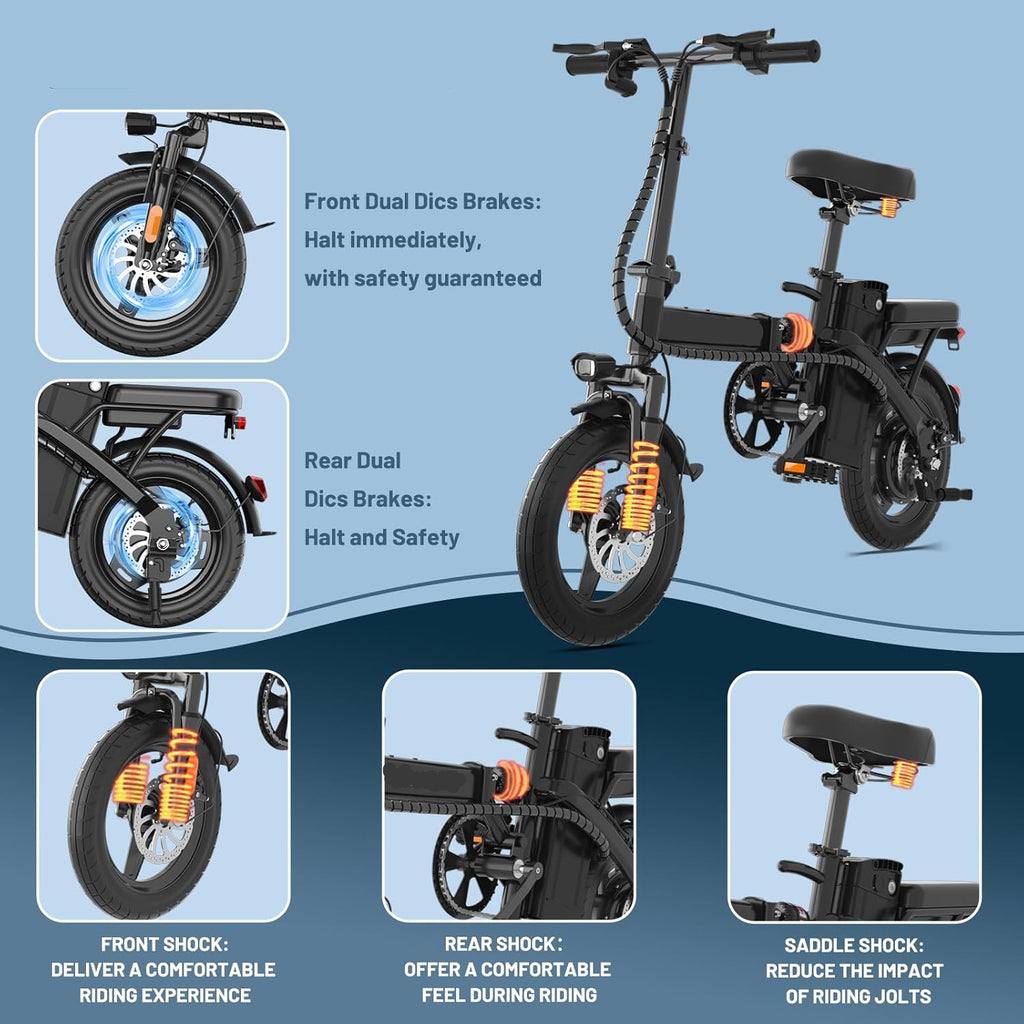 Folding Commuter Ebike 14 Inch 500W Motor 48V 10Ah Battery 35 Mile Range Headlight Tool Kit