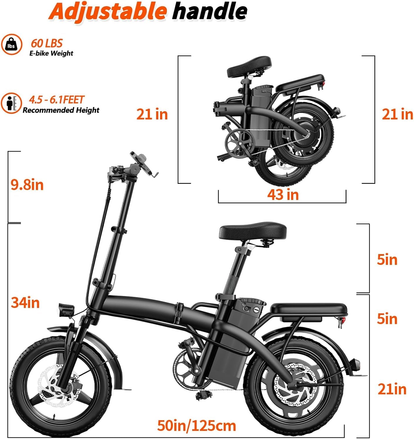 Compact Folding Ebike 14 Inch 500W Motor 48V 10Ah Battery 35 Mile Range Front Suspension Rear Basket