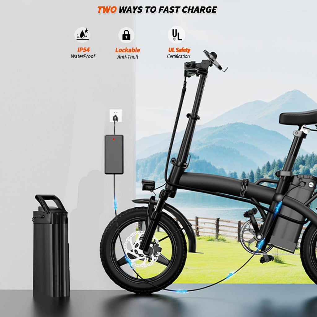 Compact Folding Ebike 14 Inch 500W Motor 48V 10Ah Battery 35 Mile Range Front Suspension Rear Basket