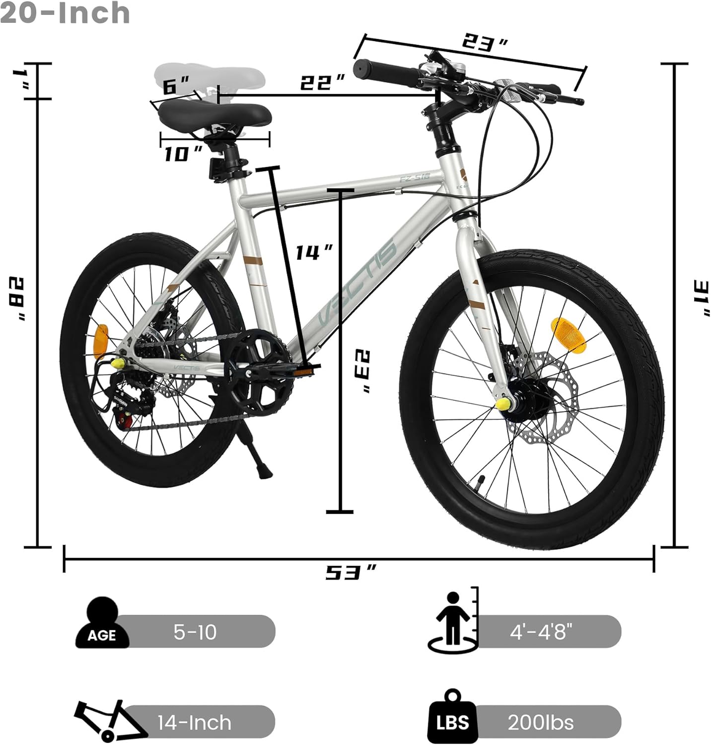 20 Inch Kids Bike for Boys Girls Ages 6 12 Years 7 Speed Dual Disc Brakes Steel Frame White