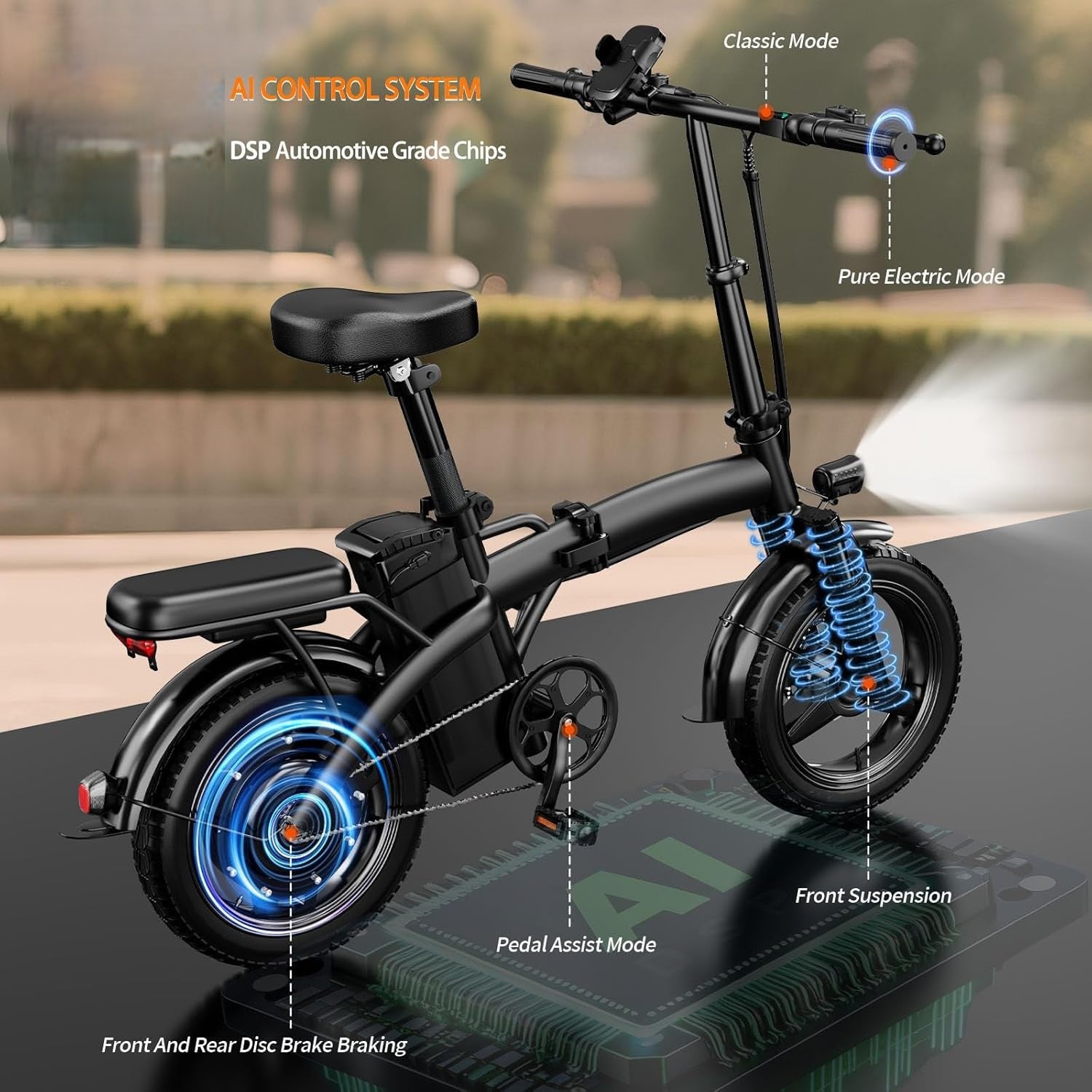 Compact Folding Ebike 14 Inch 500W Motor 48V 10Ah Battery 35 Mile Range Front Suspension Rear Basket