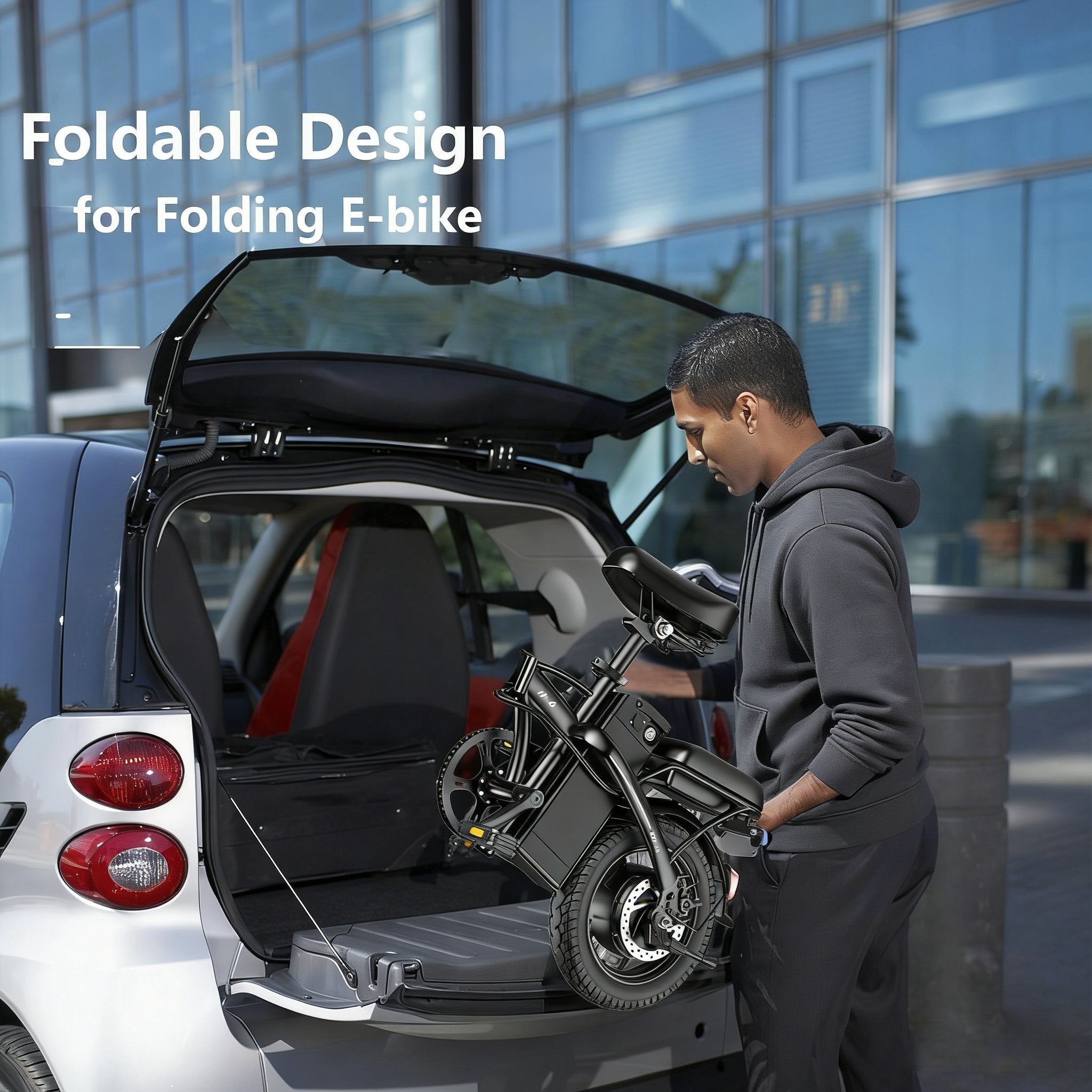 Compact Folding Ebike 14 Inch 500W Motor 48V 10Ah Battery 35 Mile Range Front Suspension Rear Basket