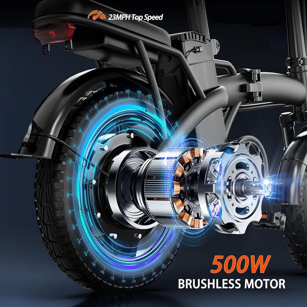 Compact Folding Ebike 14 Inch 500W Motor 48V 10Ah Battery 35 Mile Range Front Suspension Rear Basket