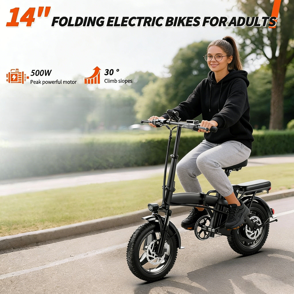 Compact Folding Ebike 14 Inch 500W Motor 48V 10Ah Battery 35 Mile Range Front Suspension Rear Basket