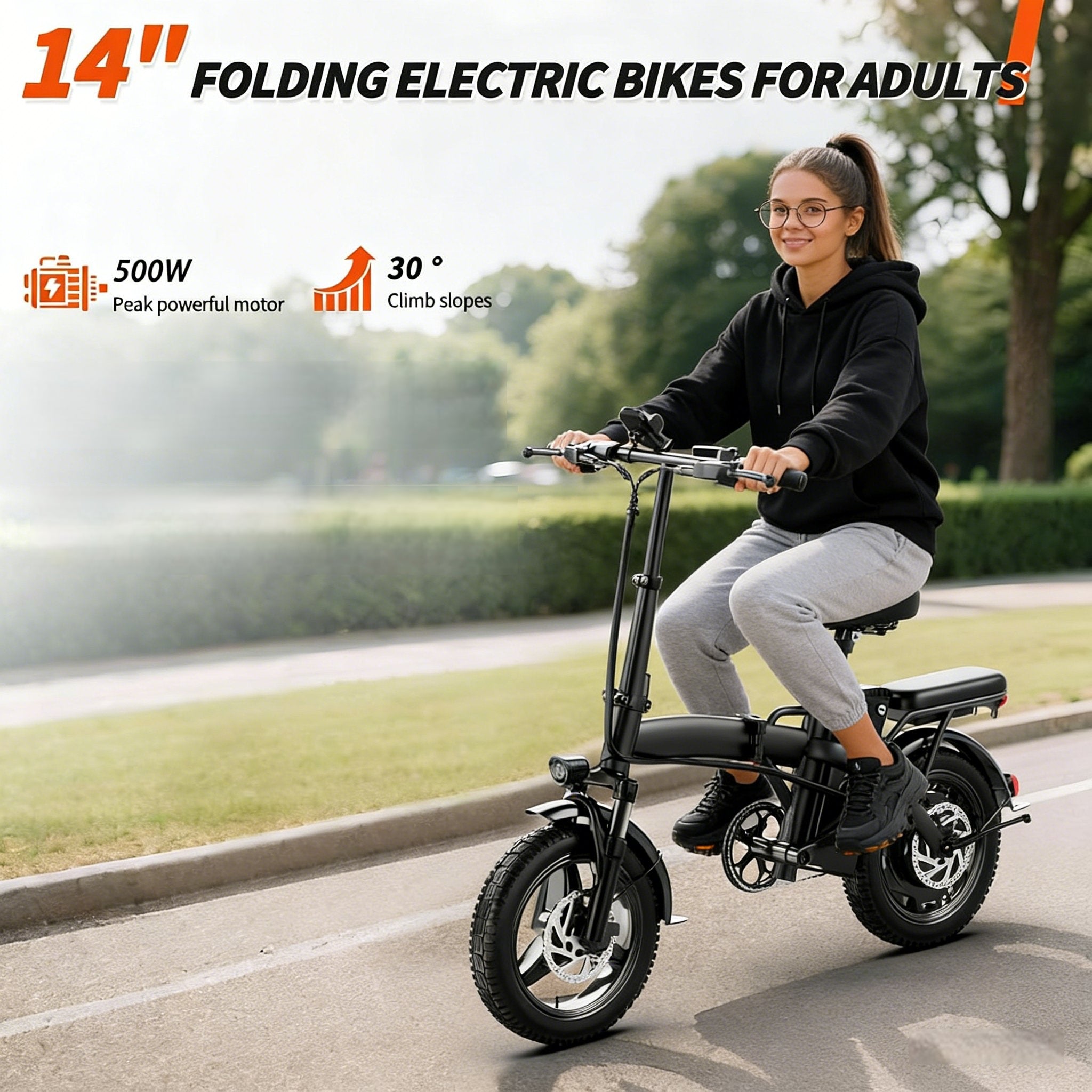 Compact Folding Ebike 14 Inch 500W Motor 48V 10Ah Battery 35 Mile Range Front Suspension Rear Basket